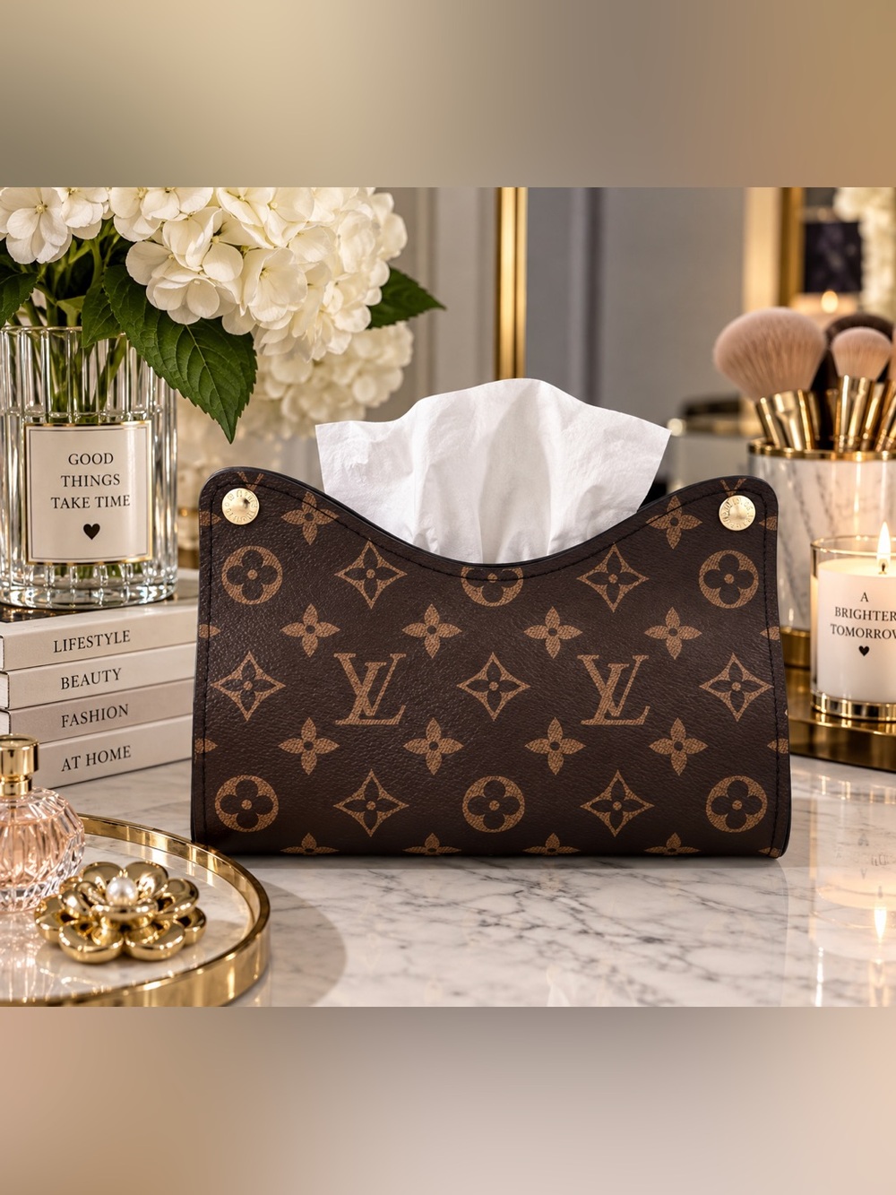 🤎 Monogram Faux Leather Tissue Box / Vanity Organizer